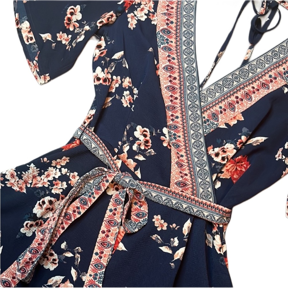 Floral Wrap Romper with Belt and Halter Tie - Picture 3 of 5